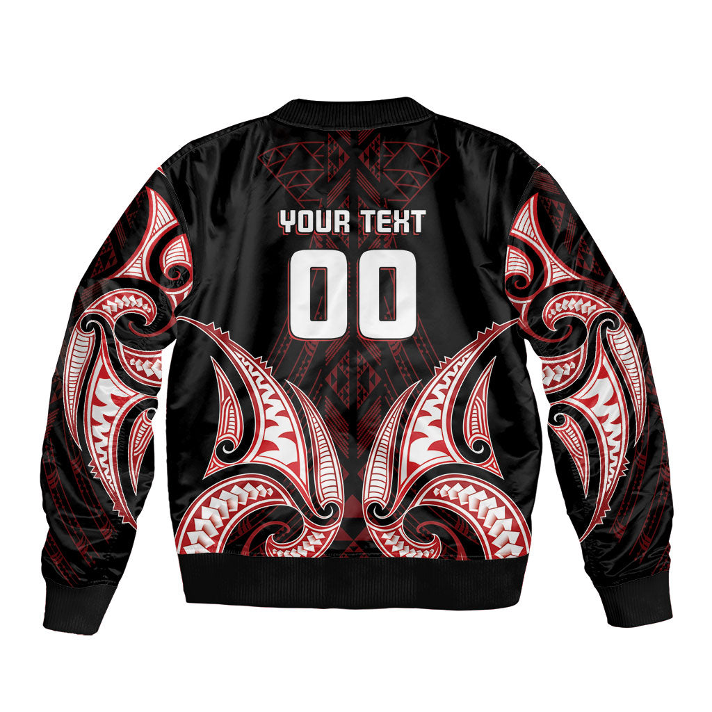 Maori Rugby Custom Ngaru Mangopare Sleeve Zip Bomber Jacket Black Red Whetu Niho Taniwha Motif