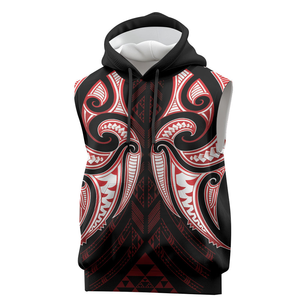 Maori Rugby Custom Ngaru Mangopare Sleeveless Hoodie Black Red Whetu Niho Taniwha Motif