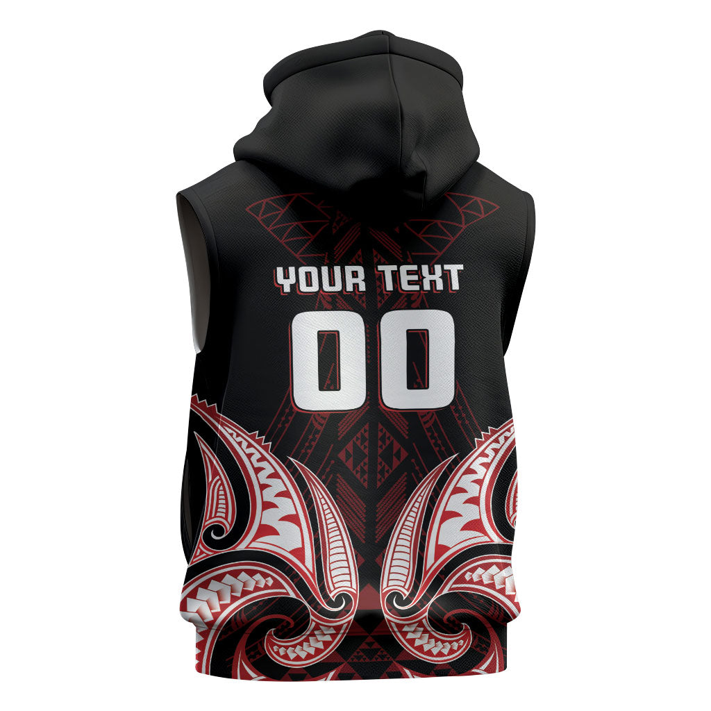 Maori Rugby Custom Ngaru Mangopare Sleeveless Hoodie Black Red Whetu Niho Taniwha Motif