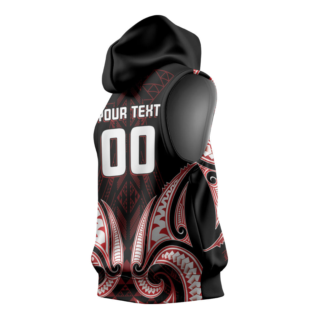 Maori Rugby Custom Ngaru Mangopare Sleeveless Hoodie Black Red Whetu Niho Taniwha Motif