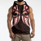 Maori Rugby Custom Ngaru Mangopare Sleeveless Hoodie Black Red Whetu Niho Taniwha Motif