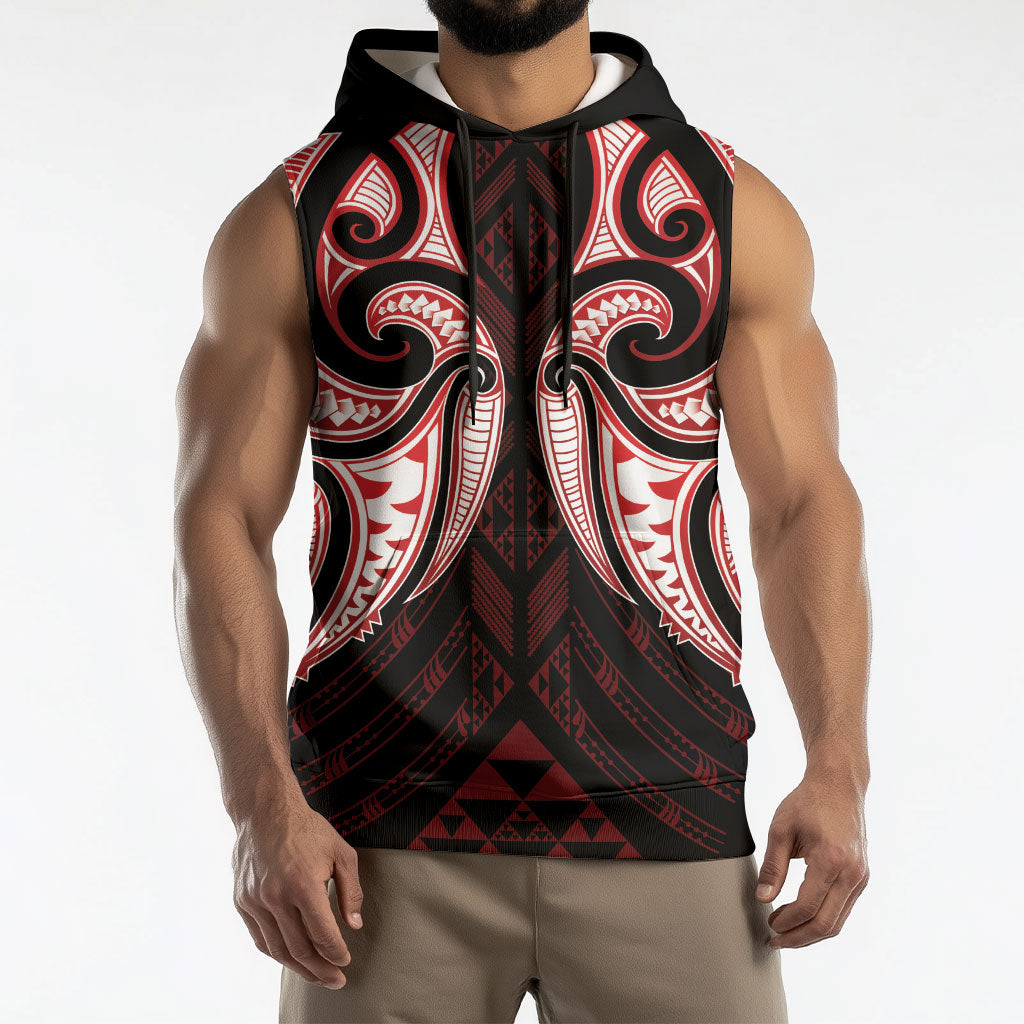 Maori Rugby Custom Ngaru Mangopare Sleeveless Hoodie Black Red Whetu Niho Taniwha Motif