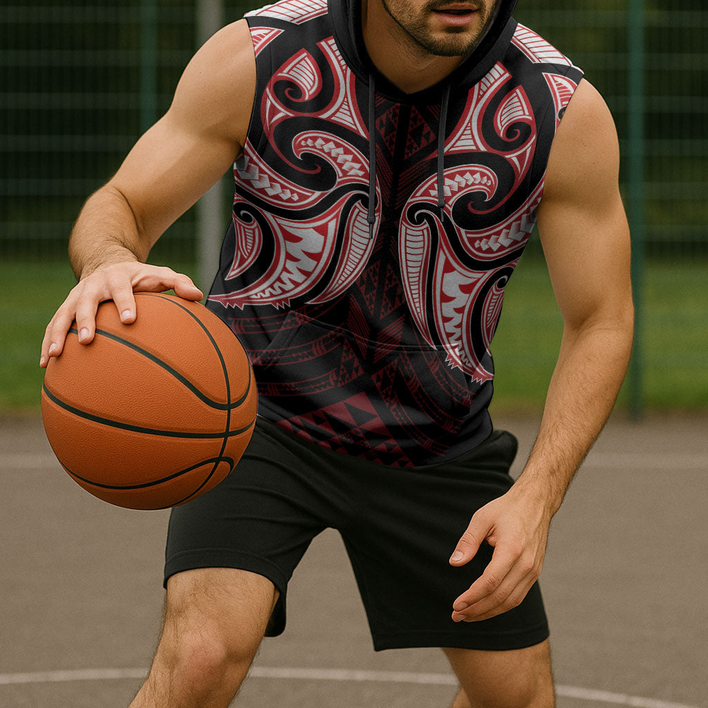 Maori Rugby Custom Ngaru Mangopare Sleeveless Hoodie Black Red Whetu Niho Taniwha Motif