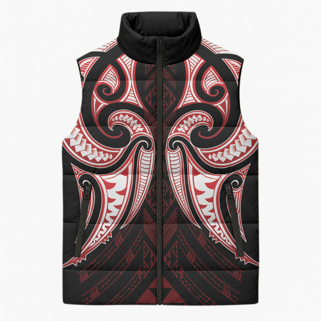 Maori Rugby Custom Ngaru Mangopare Sleeveless Puffer Jacket Black Red Whetu Niho Taniwha Motif