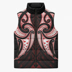 Maori Rugby Custom Ngaru Mangopare Sleeveless Puffer Jacket Black Red Whetu Niho Taniwha Motif