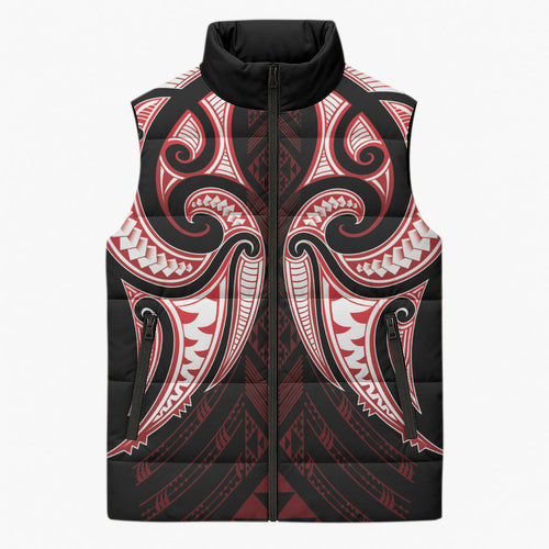 Maori Rugby Custom Ngaru Mangopare Sleeveless Puffer Jacket Black Red Whetu Niho Taniwha Motif