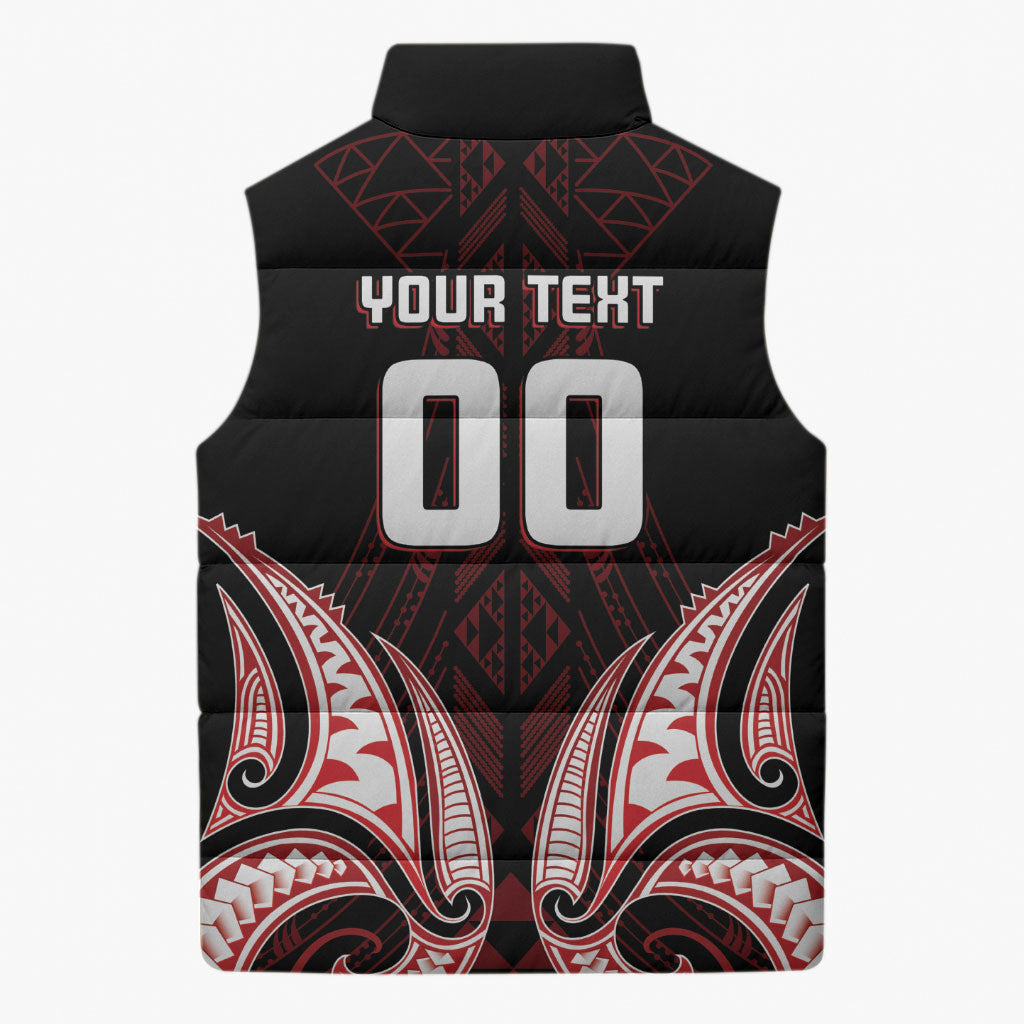 Maori Rugby Custom Ngaru Mangopare Sleeveless Puffer Jacket Black Red Whetu Niho Taniwha Motif