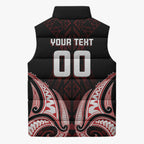 Maori Rugby Custom Ngaru Mangopare Sleeveless Puffer Jacket Black Red Whetu Niho Taniwha Motif