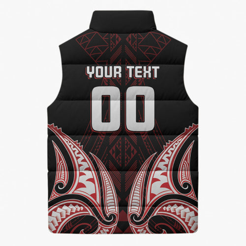 Maori Rugby Custom Ngaru Mangopare Sleeveless Puffer Jacket Black Red Whetu Niho Taniwha Motif