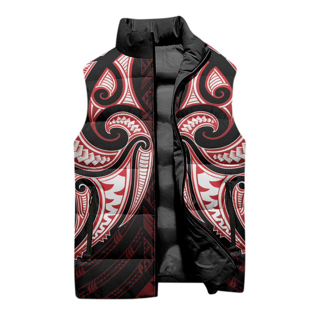 Maori Rugby Custom Ngaru Mangopare Sleeveless Puffer Jacket Black Red Whetu Niho Taniwha Motif