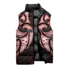 Maori Rugby Custom Ngaru Mangopare Sleeveless Puffer Jacket Black Red Whetu Niho Taniwha Motif