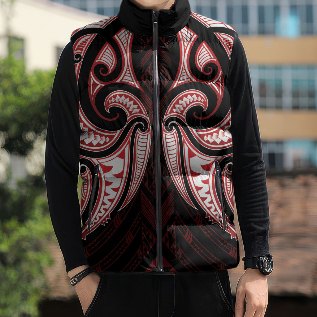 Maori Rugby Custom Ngaru Mangopare Sleeveless Puffer Jacket Black Red Whetu Niho Taniwha Motif