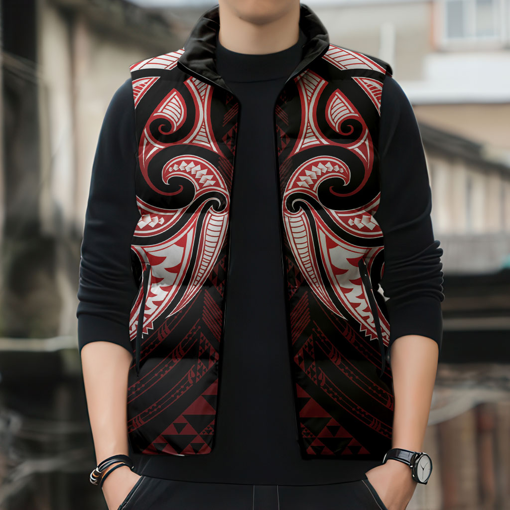 Maori Rugby Custom Ngaru Mangopare Sleeveless Puffer Jacket Black Red Whetu Niho Taniwha Motif