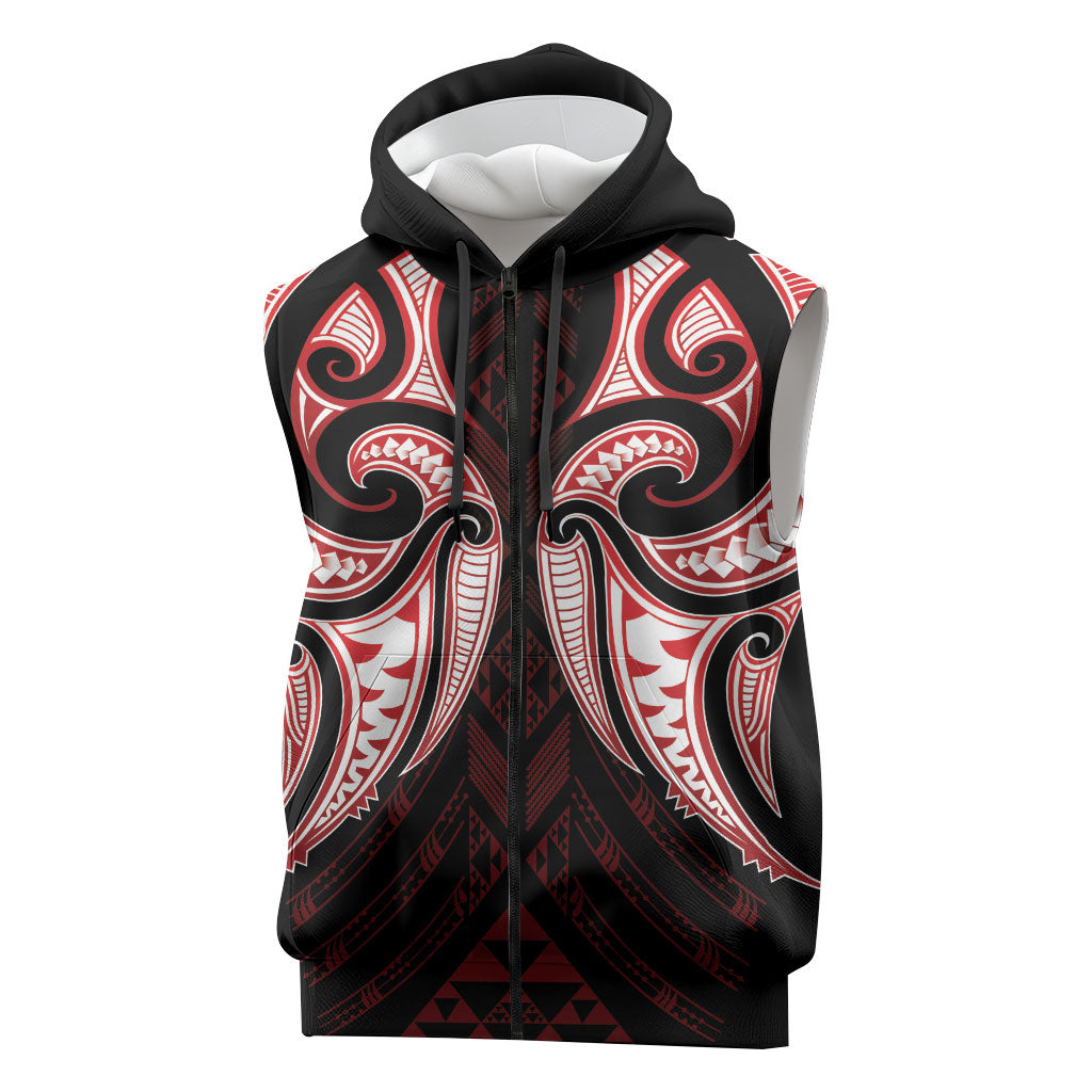 Maori Rugby Custom Ngaru Mangopare Sleeveless Zip Hoodie Black Red Whetu Niho Taniwha Motif