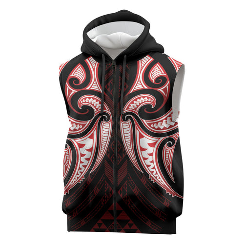 Maori Rugby Custom Ngaru Mangopare Sleeveless Zip Hoodie Black Red Whetu Niho Taniwha Motif