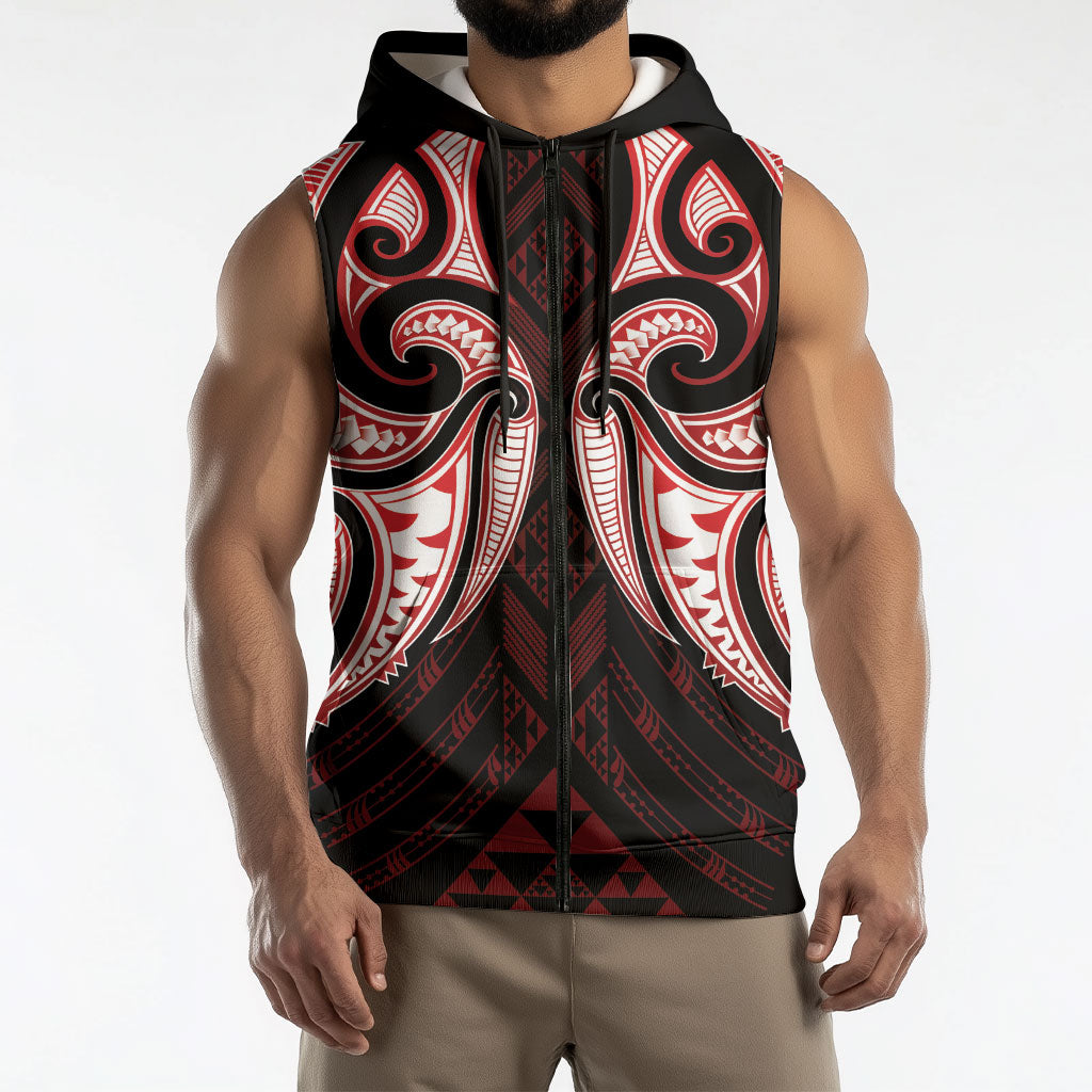 Maori Rugby Custom Ngaru Mangopare Sleeveless Zip Hoodie Black Red Whetu Niho Taniwha Motif