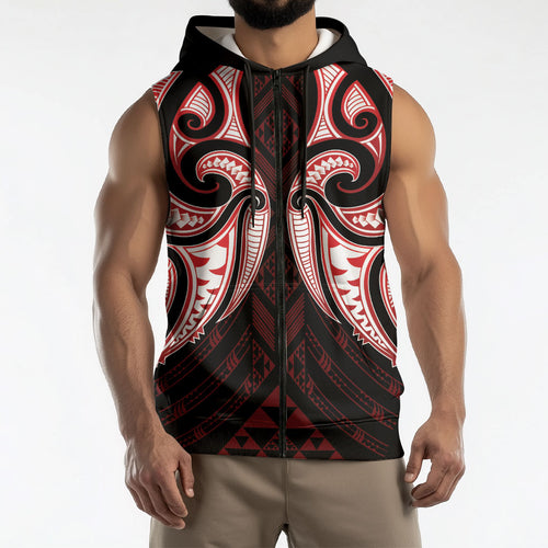 Maori Rugby Custom Ngaru Mangopare Sleeveless Zip Hoodie Black Red Whetu Niho Taniwha Motif