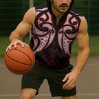Maori Rugby Custom Ngaru Mangopare Sleeveless Zip Hoodie Black Red Whetu Niho Taniwha Motif