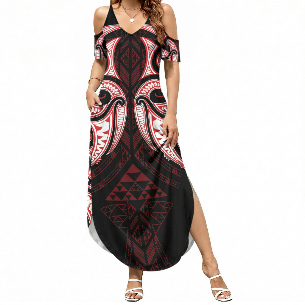 Maori Rugby Custom Ngaru Mangopare Summer Maxi Dress Black Red Whetu Niho Taniwha Motif