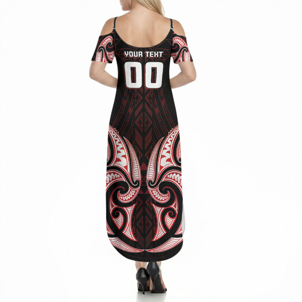 Maori Rugby Custom Ngaru Mangopare Summer Maxi Dress Black Red Whetu Niho Taniwha Motif