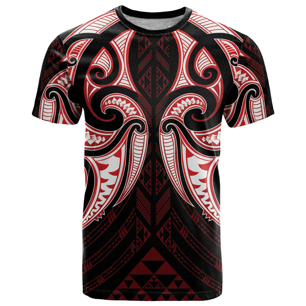 Maori Rugby Custom Ngaru Mangopare T Shirt Black Red Whetu Niho Taniwha Motif