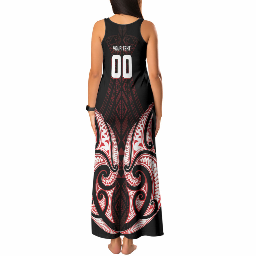 Maori Rugby Custom Ngaru Mangopare Tank Maxi Dress Black Red Whetu Niho Taniwha Motif