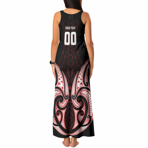 Maori Rugby Custom Ngaru Mangopare Tank Maxi Dress Black Red Whetu Niho Taniwha Motif