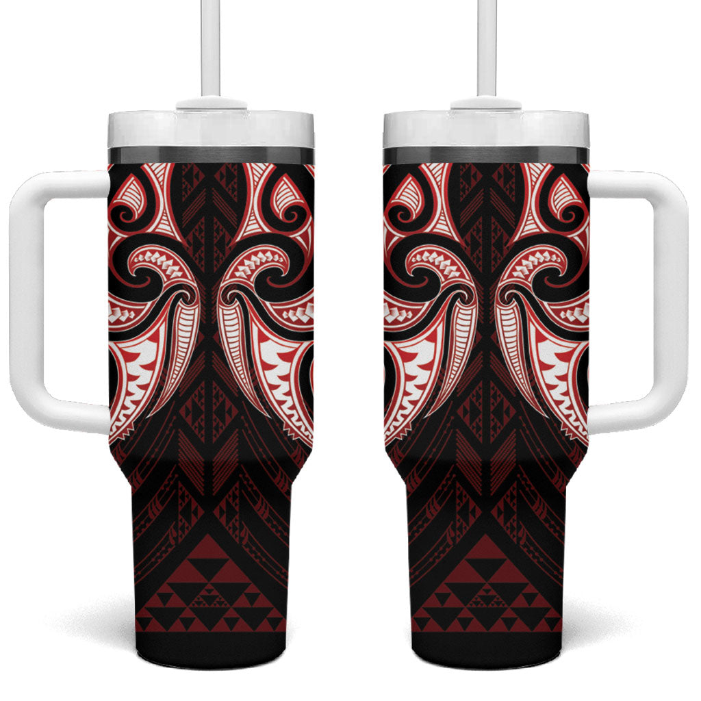 Maori Rugby Custom Ngaru Mangopare Tumbler With Handle Black Red Whetu Niho Taniwha Motif