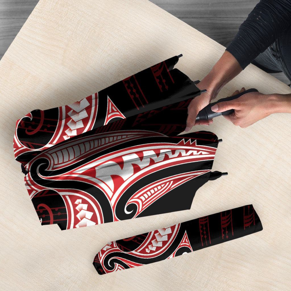 Maori Rugby Custom Ngaru Mangopare Umbrella Black Red Whetu Niho Taniwha Motif