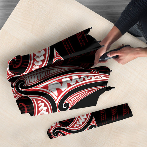 Maori Rugby Custom Ngaru Mangopare Umbrella Black Red Whetu Niho Taniwha Motif