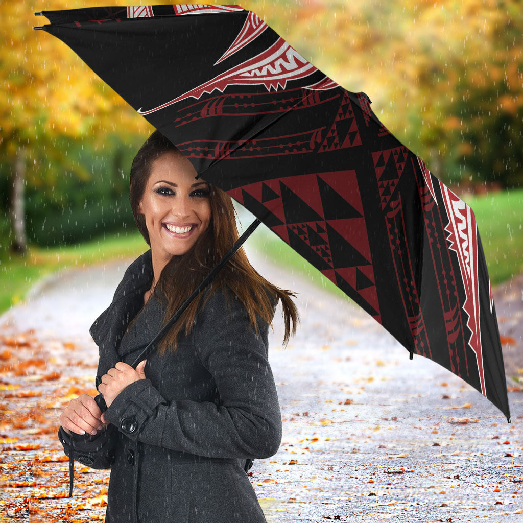 Maori Rugby Custom Ngaru Mangopare Umbrella Black Red Whetu Niho Taniwha Motif