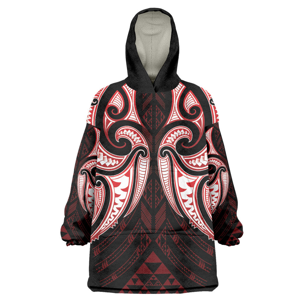 Maori Rugby Custom Ngaru Mangopare Wearable Blanket Hoodie Black Red Whetu Niho Taniwha Motif