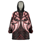 Maori Rugby Custom Ngaru Mangopare Wearable Blanket Hoodie Black Red Whetu Niho Taniwha Motif