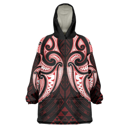 Maori Rugby Custom Ngaru Mangopare Wearable Blanket Hoodie Black Red Whetu Niho Taniwha Motif