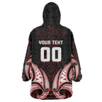 Maori Rugby Custom Ngaru Mangopare Wearable Blanket Hoodie Black Red Whetu Niho Taniwha Motif