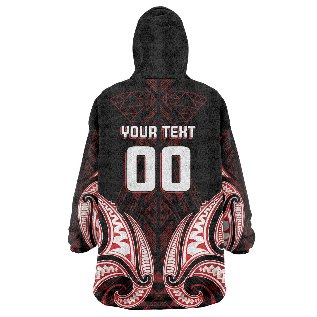 Maori Rugby Custom Ngaru Mangopare Wearable Blanket Hoodie Black Red Whetu Niho Taniwha Motif
