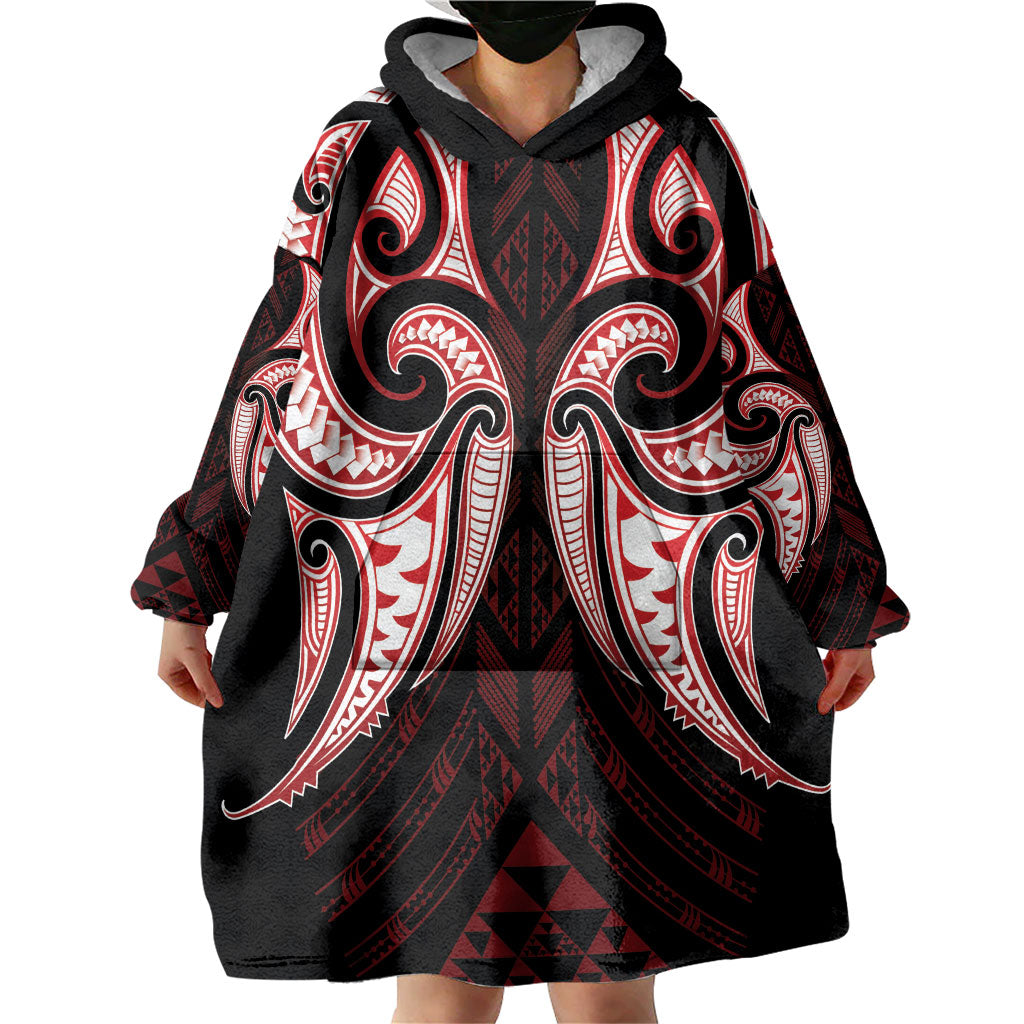Maori Rugby Custom Ngaru Mangopare Wearable Blanket Hoodie Black Red Whetu Niho Taniwha Motif