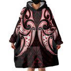 Maori Rugby Custom Ngaru Mangopare Wearable Blanket Hoodie Black Red Whetu Niho Taniwha Motif