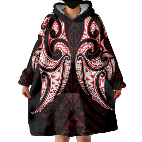 Maori Rugby Custom Ngaru Mangopare Wearable Blanket Hoodie Black Red Whetu Niho Taniwha Motif