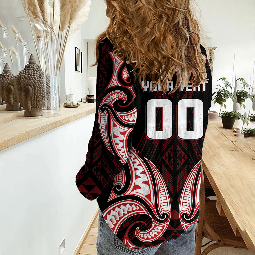 Maori Rugby Custom Ngaru Mangopare Women Casual Shirt Black Red Whetu Niho Taniwha Motif