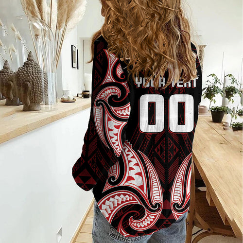 Maori Rugby Custom Ngaru Mangopare Women Casual Shirt Black Red Whetu Niho Taniwha Motif