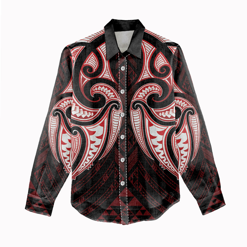 Maori Rugby Custom Ngaru Mangopare Women Casual Shirt Black Red Whetu Niho Taniwha Motif