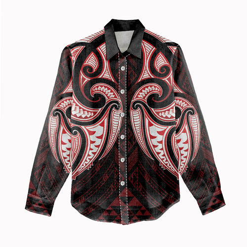 Maori Rugby Custom Ngaru Mangopare Women Casual Shirt Black Red Whetu Niho Taniwha Motif