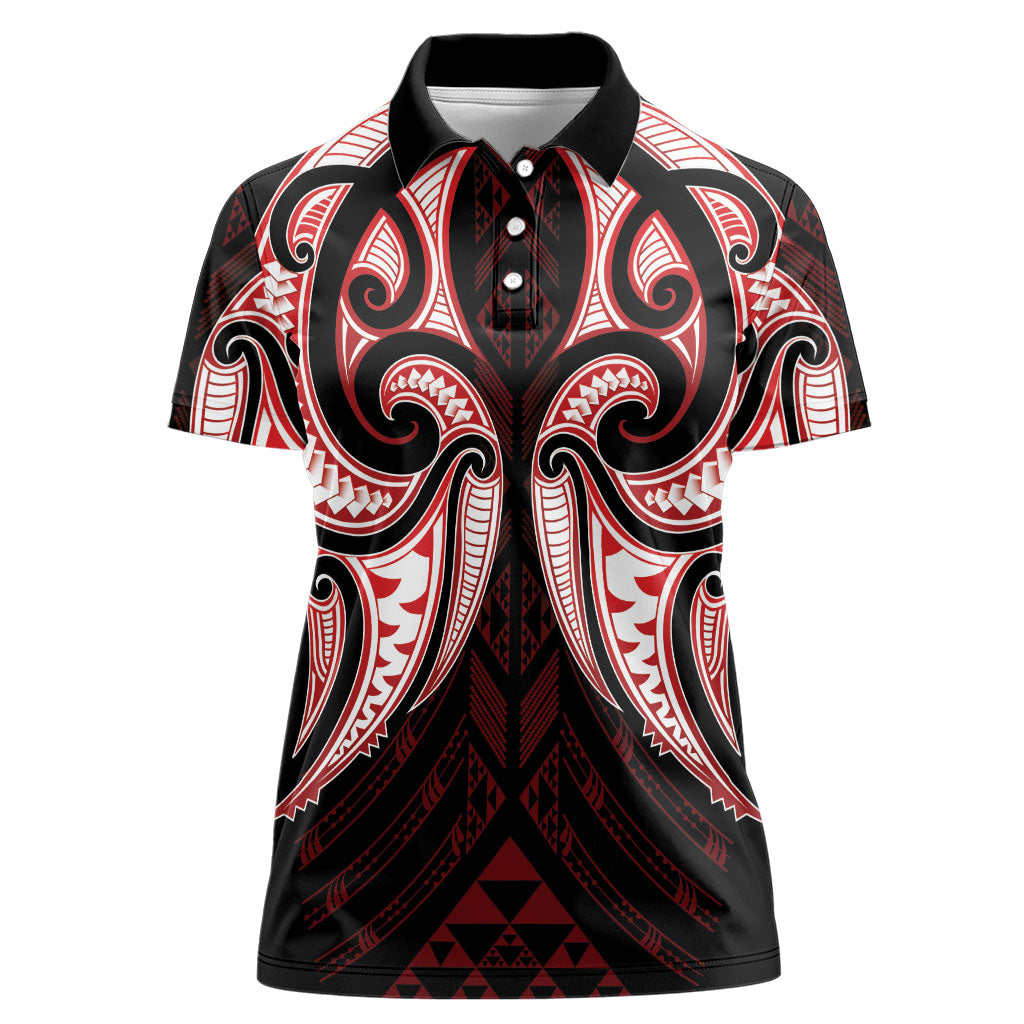 Maori Rugby Custom Ngaru Mangopare Women Polo Shirt Black Red Whetu Niho Taniwha Motif