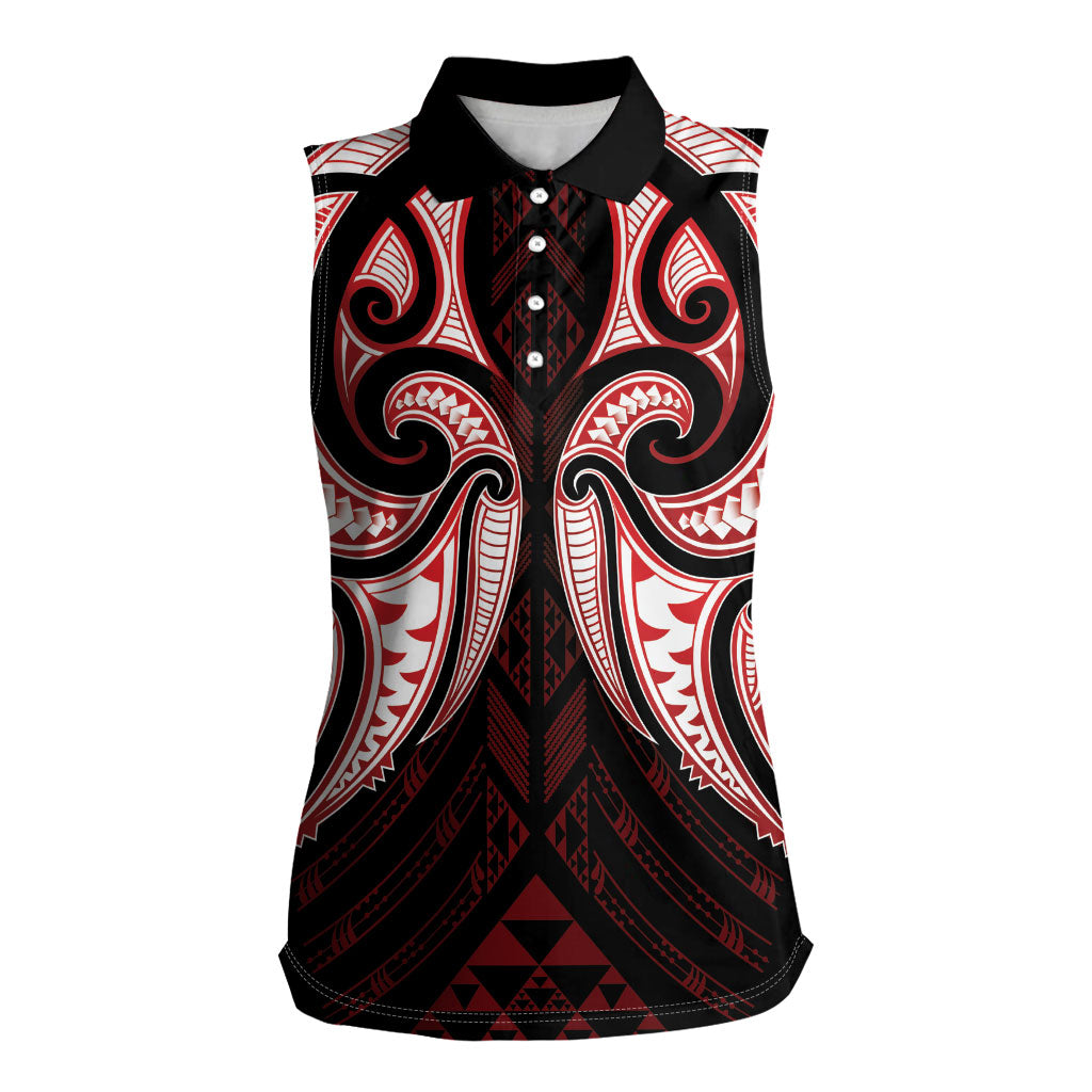 Maori Rugby Custom Ngaru Mangopare Women Sleeveless Polo Shirt Black Red Whetu Niho Taniwha Motif
