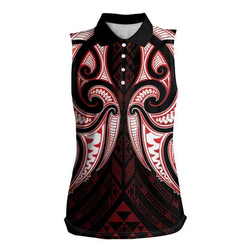 Maori Rugby Custom Ngaru Mangopare Women Sleeveless Polo Shirt Black Red Whetu Niho Taniwha Motif