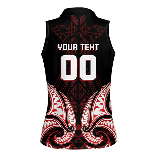 Maori Rugby Custom Ngaru Mangopare Women Sleeveless Polo Shirt Black Red Whetu Niho Taniwha Motif