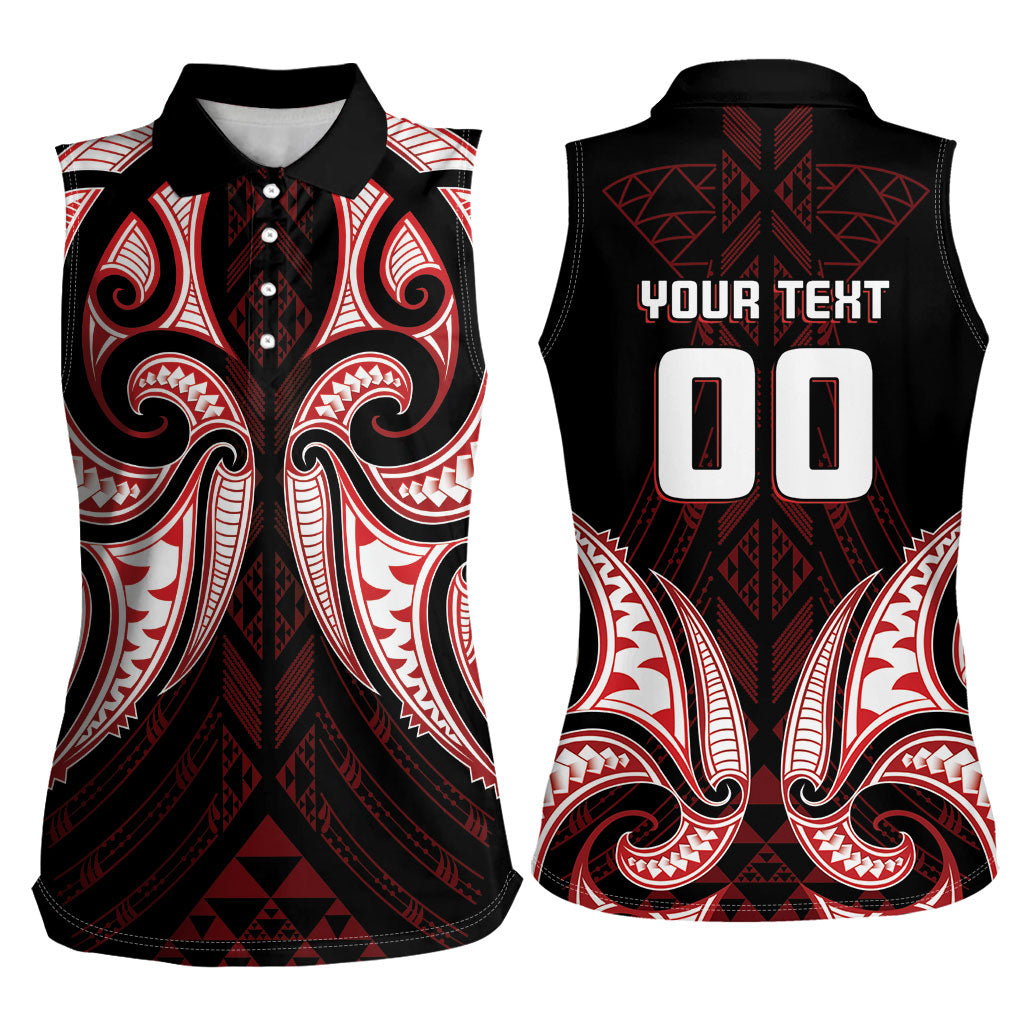 Maori Rugby Custom Ngaru Mangopare Women Sleeveless Polo Shirt Black Red Whetu Niho Taniwha Motif