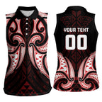 Maori Rugby Custom Ngaru Mangopare Women Sleeveless Polo Shirt Black Red Whetu Niho Taniwha Motif