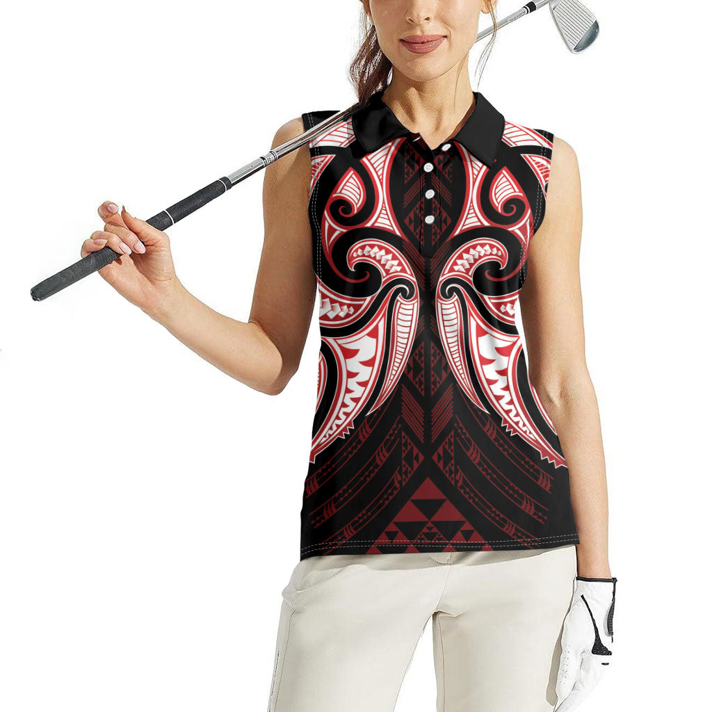 Maori Rugby Custom Ngaru Mangopare Women Sleeveless Polo Shirt Black Red Whetu Niho Taniwha Motif